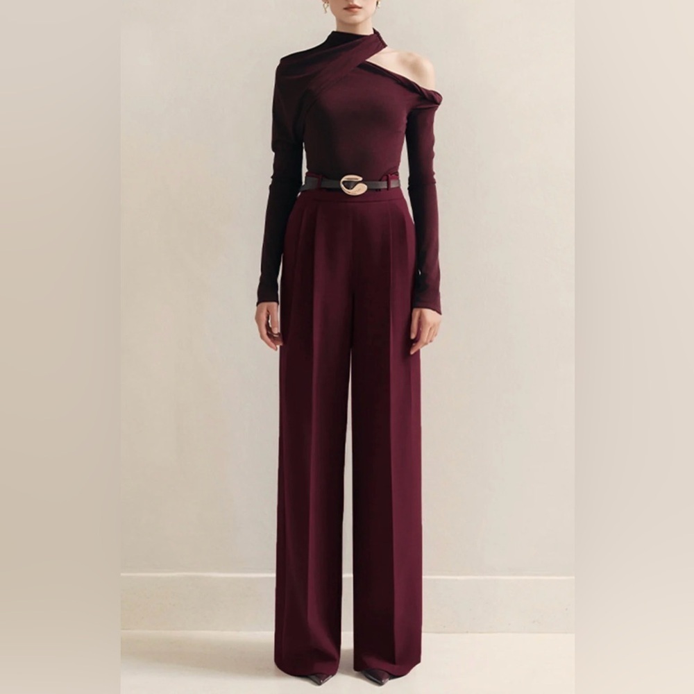 NWT COMMENSE Metal-Belt Pleated High-Waist Pants, Size M